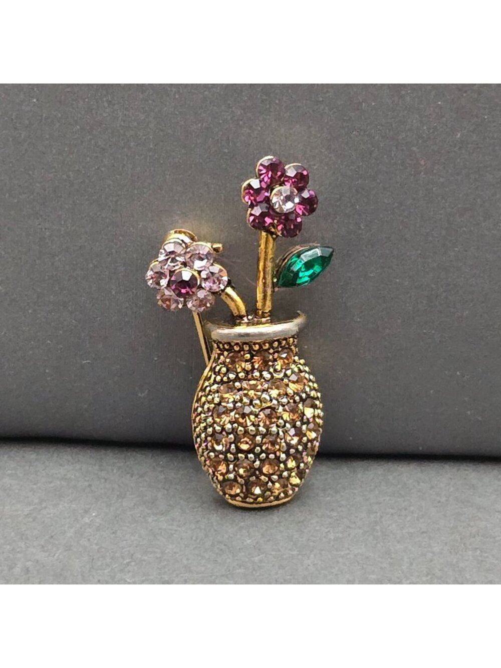 Vintage Flower Vase Brooch Rhinestone Floral Bouquet Pin 1.25" Dainty